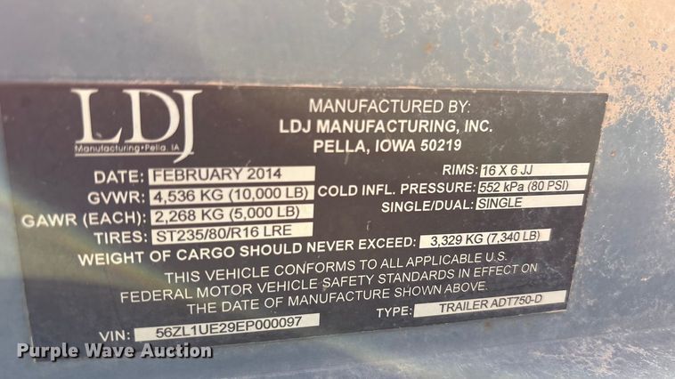 image for item EF6157 2014 LDJ Manufacturing ADT750-D fuel trailer