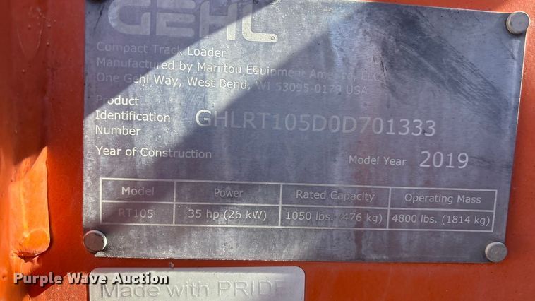 image for item EF6210 2019 Gehl RT105 tracked skid steer loader