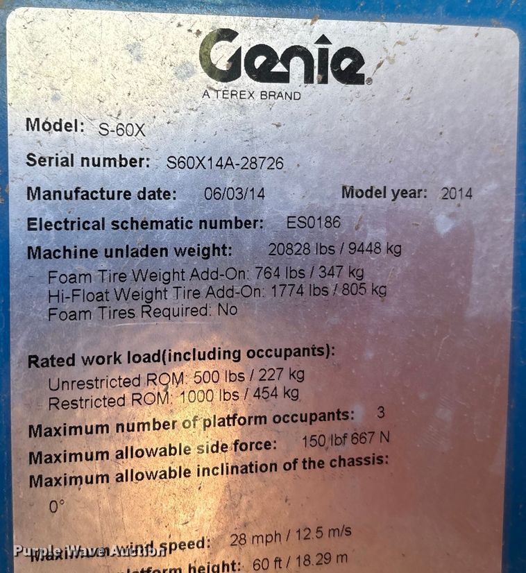 image for item EF6213 2014 Genie S-60X boom lift