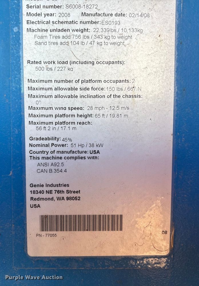 image for item EF6214 2008 Genie S-65 boom lift