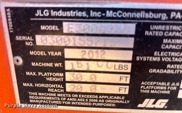 image for item EF6216 2012 JLG E300AJ boom lift