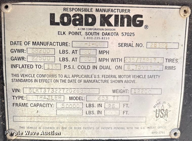 image for item EF6217 2006 Load king 253 TT tilt deck equipment trailer