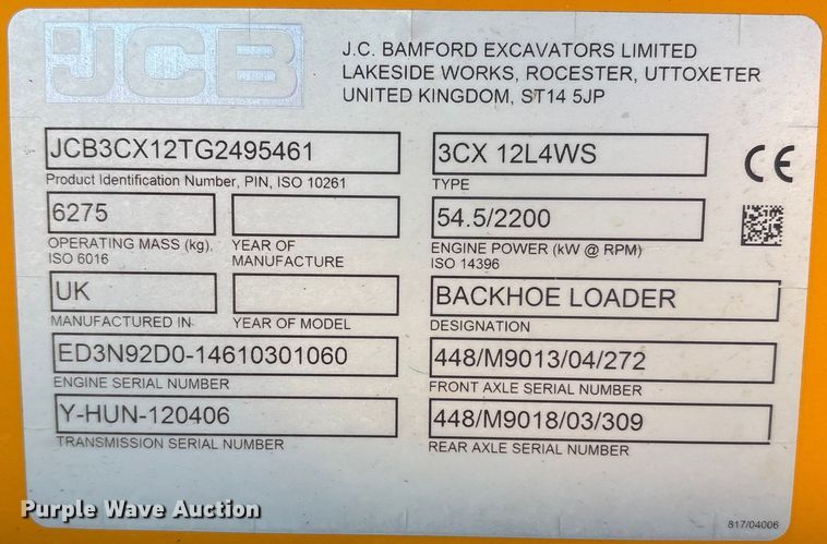 image for item EF6219 2016 JCB 3CX 12L4WS backhoe