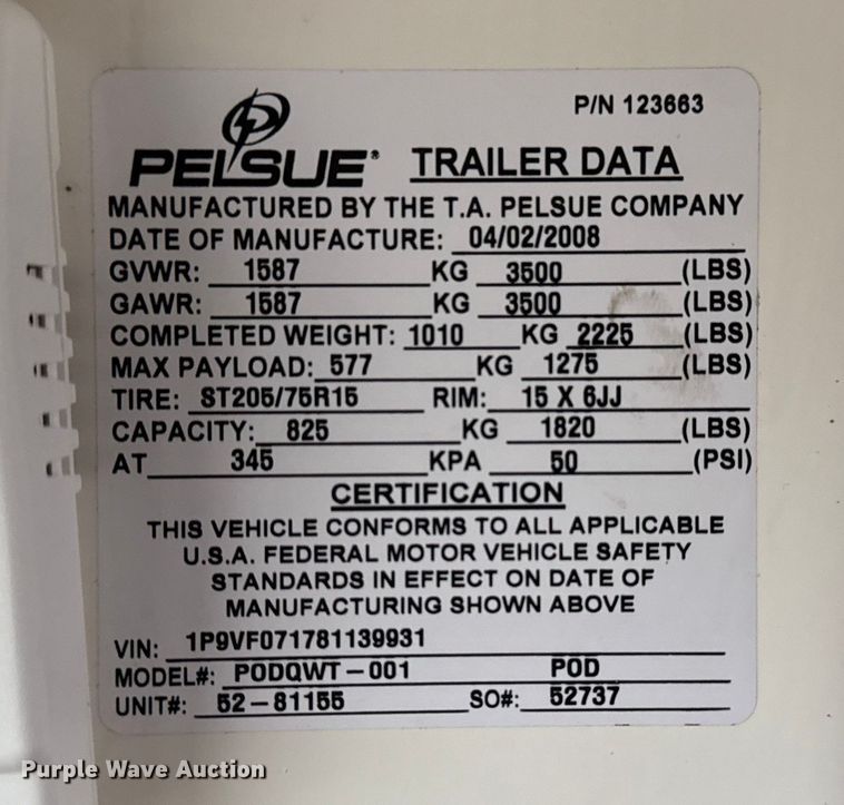 image for item EG1777 2008 Pelsue P0DQWT-001 fiber optic splicing trailer