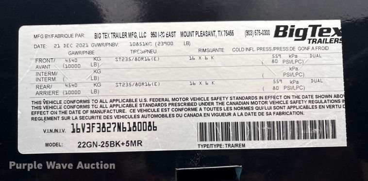 image for item EG8302 2022 Big Tex 25' Gooseneck equipment trailer