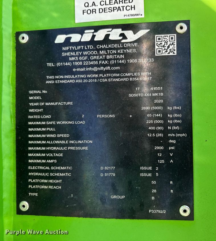 image for item EM6165 2020 Nifty SD50TD 4X4 MK1B boom lift