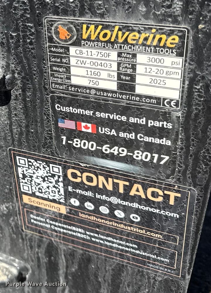 image for item EN0077 2025 Wolverine CB-11-750F skid steer breaker