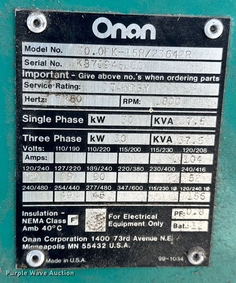 image for item EN0722 Onan 30.0EK-15R/23642R generator