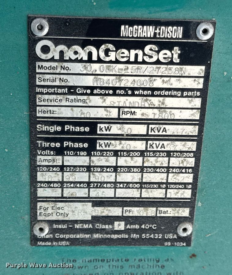 image for item EN0723 Onan 30.0EK-15R-/27238N generator
