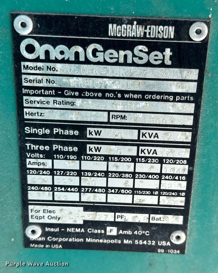 image for item EN0726 Onan 30.0EK-15T/27238N generator