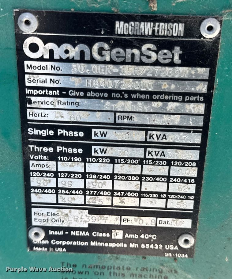 image for item EN0727 Onan 30.0EK-15R/27238N generator