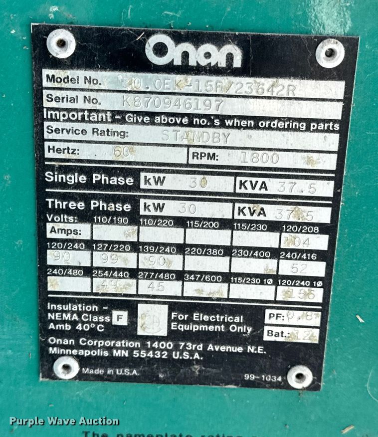 image for item EN0729 Onan 30.0EK-15R/23642R generator