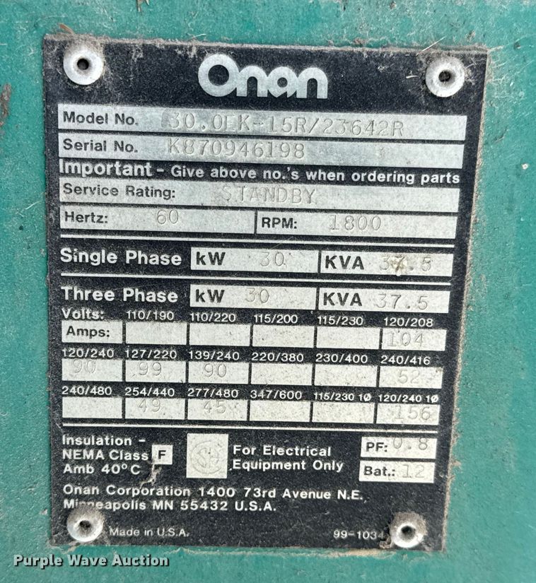 image for item EN0730 Onan 30.0EK-15R/23642R generator