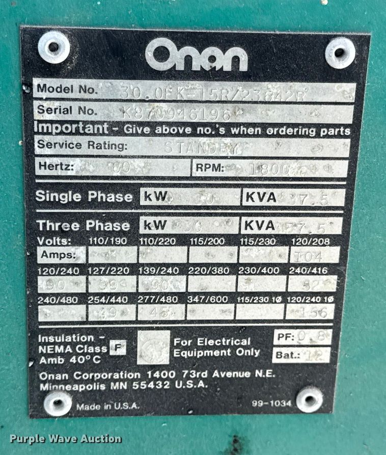 image for item EN0731 Onan 30.0EK-15R/23642R generator