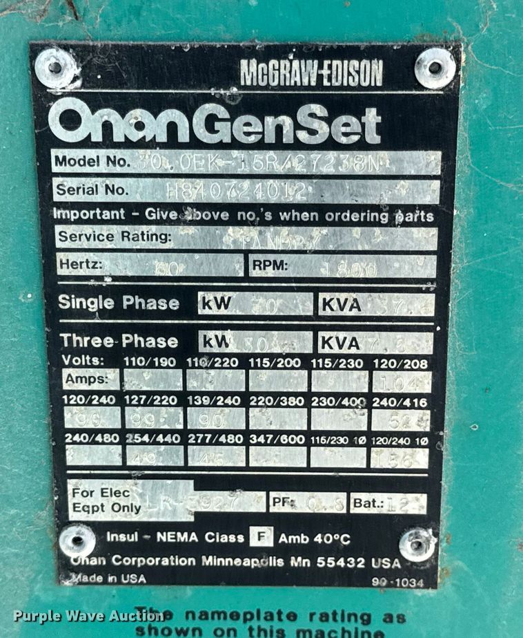 image for item EN0732 Onan 30.0EK-15R/27238N generator