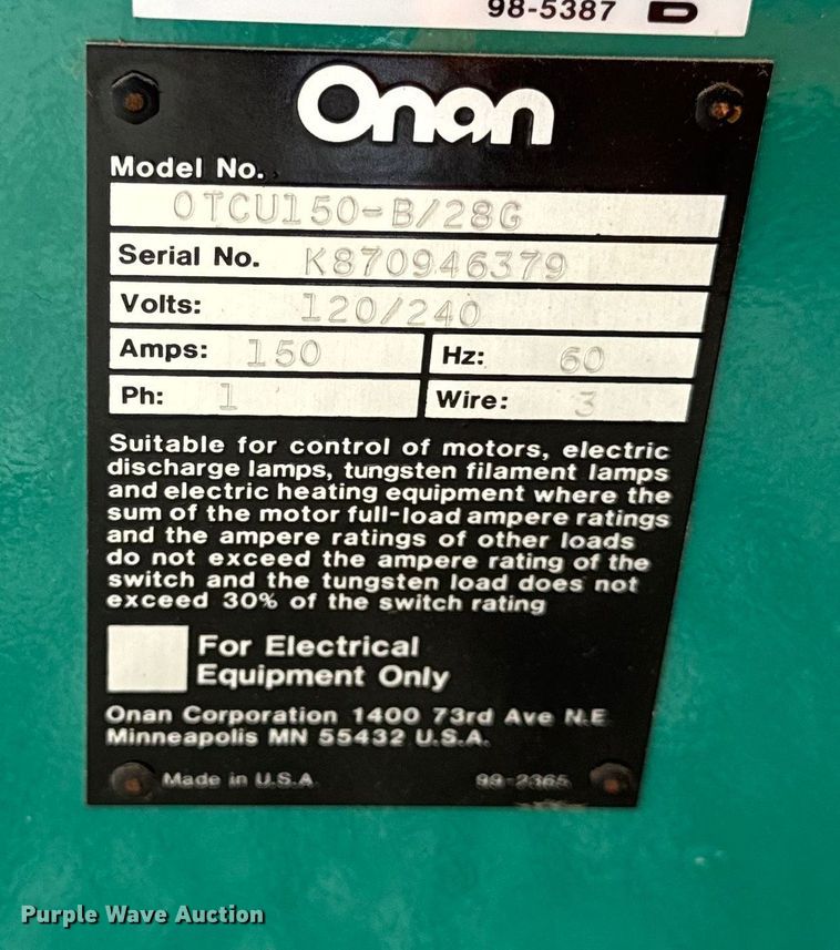 image for item EN0732 Onan 30.0EK-15R/27238N generator