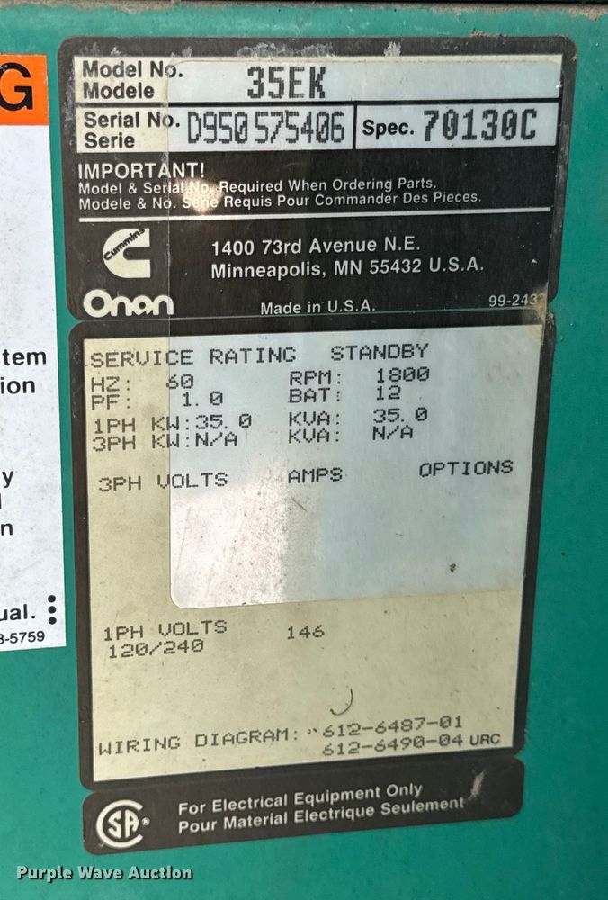 image for item EN0735 Onan 35EK generator