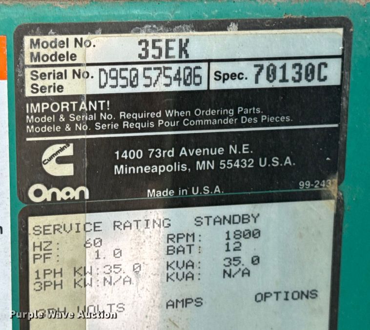 image for item EN0735 Onan 35EK generator