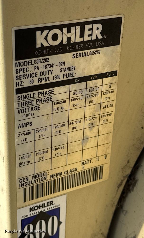 image for item EN0736 1998 Kohler 80RZ202 generator