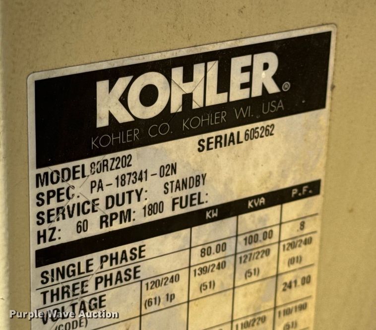image for item EN0736 1998 Kohler 80RZ202 generator