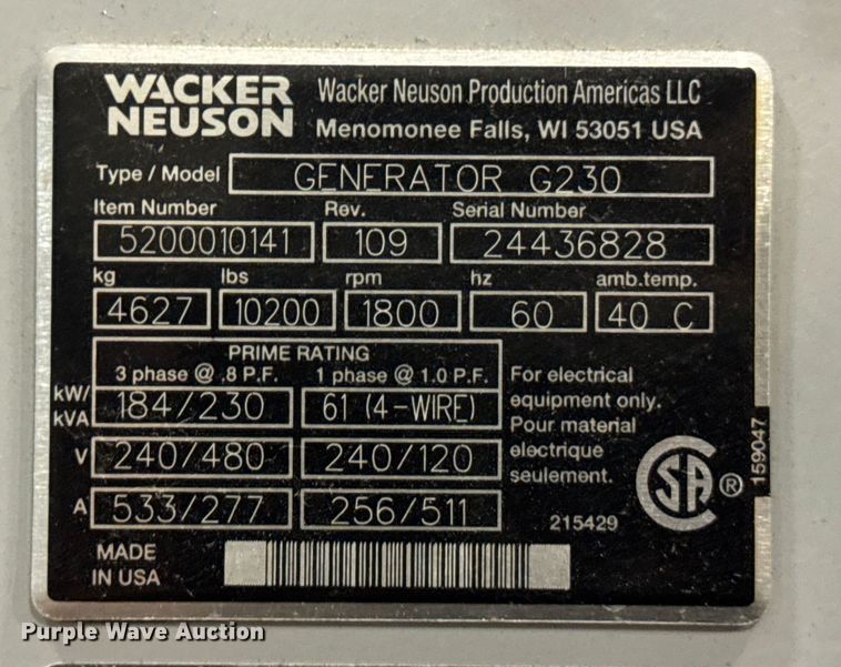 image for item ER0318 2022 Wacker Neuson G230 generator