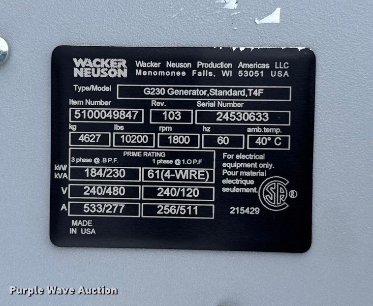 image for item ER0319 2022 Wacker Neuson G230 generator