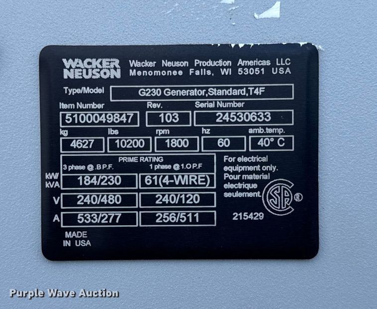 image for item ER0319 2022 Wacker Neuson G230 generator