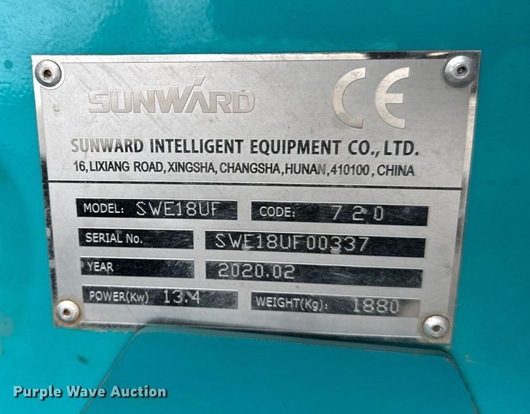 image for item ER0320 2020 Sunward SWE18UF mini excavator