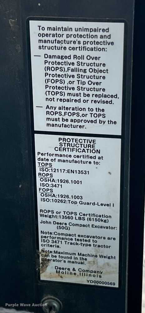 image for item ET6676 2018 John Deere 50G mini excavator