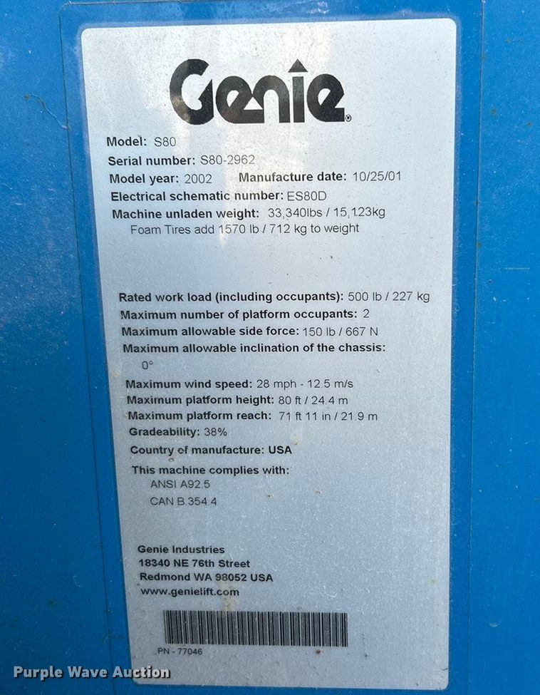 image for item ET6725 2002 Genie S80 boom lift
