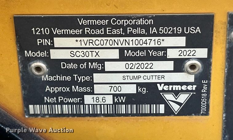 image for item ET6763 2022 Vermeer SC30TX stump grinder