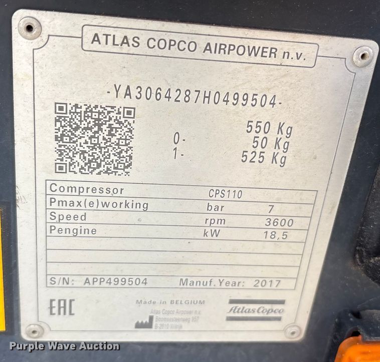image for item ET7390 2017 Atlas Copco CPS110 air compressor