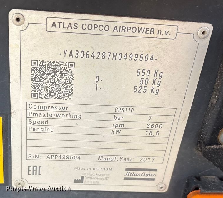 image for item ET7390 2017 Atlas Copco CPS110 air compressor