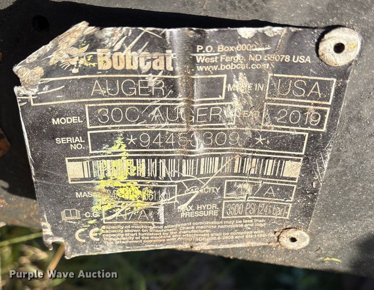 image for item ET7407 2019 Bobcat 30C skid steer auger bucket