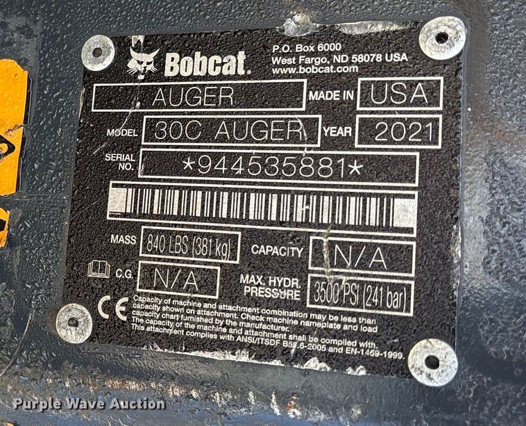 image for item ET7409 2021 Bobcat 30C skid steer auger bucket