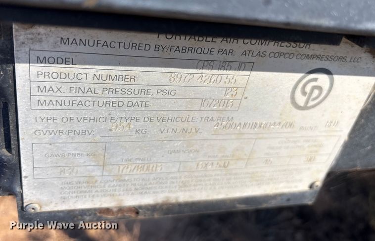 image for item ET7412 2014 Atlas Copco CPS185 JD7 air compressor