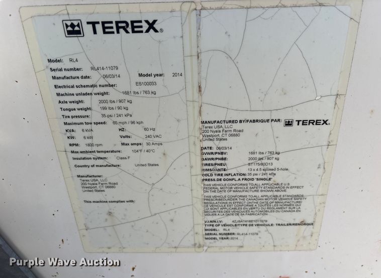 image for item ET7423 2014 Terex RL4 light plant