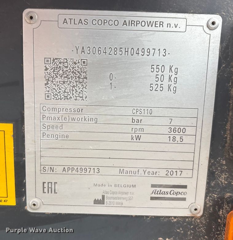 image for item EU4719 2017 Atlas Copco AirPower CPS110 air compressor