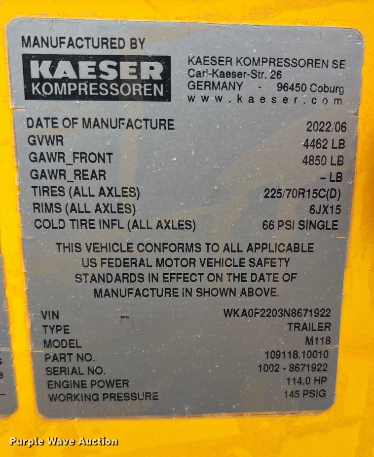 image for item EU4722 2022 Kaeser M118 air compressor