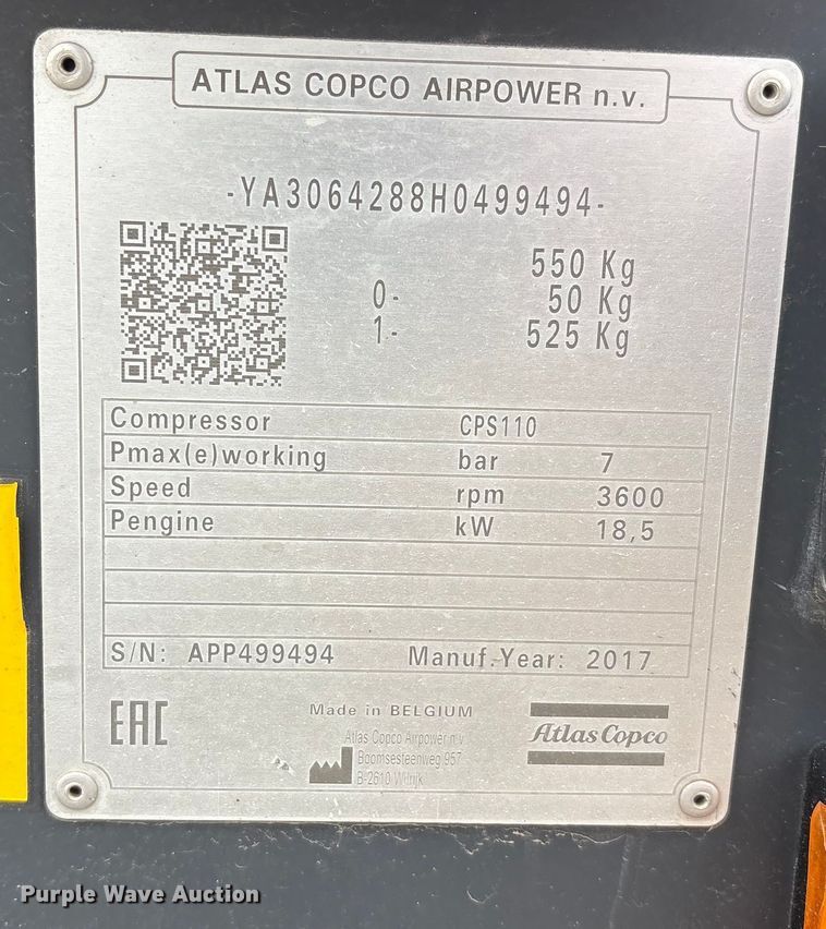 image for item EU4724 2017 Atlas Copco Airpower CPS110 air compressor