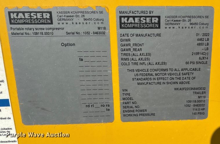 image for item EU4725 2022 Kaeser M118 air compressor