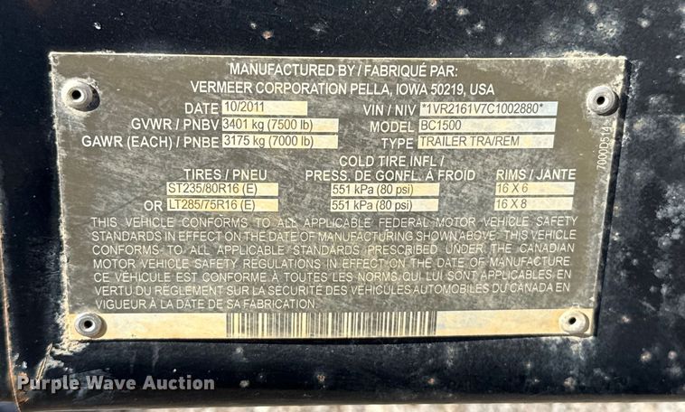 image for item EU5495 2012 Vermeer BC1500 wood chipper