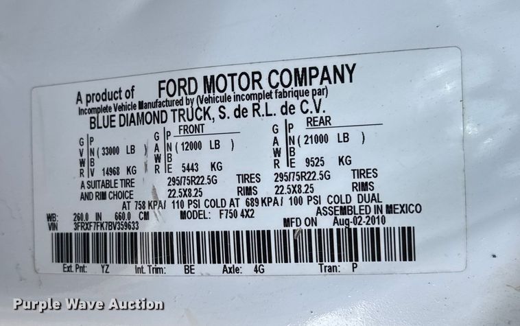 image for item EU6442 2011 Ford F750 Super Duty XL vacuum truck