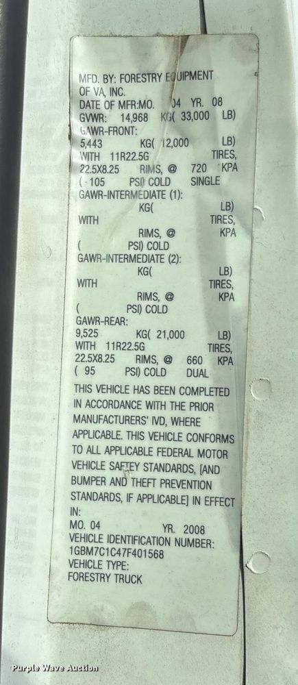 image for item EV3465 2007 Chevrolet C7 forestry bucket truck