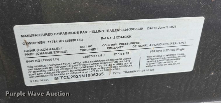 image for item EV4393 2022 Felling FT24I equipment trailer