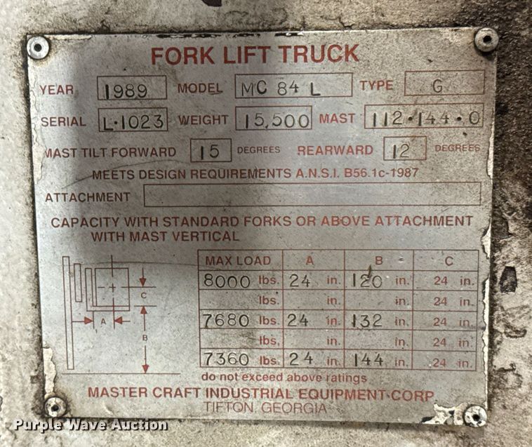 image for item FB0484 1989 Master Craft MC84L forklift