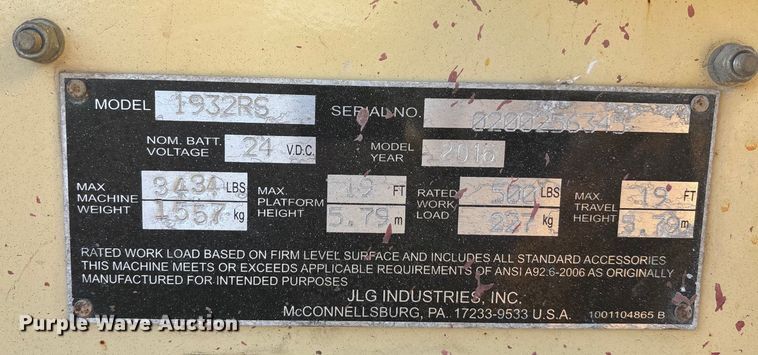 image for item FG1619 2016 JLG 1932 RS Scissor lift