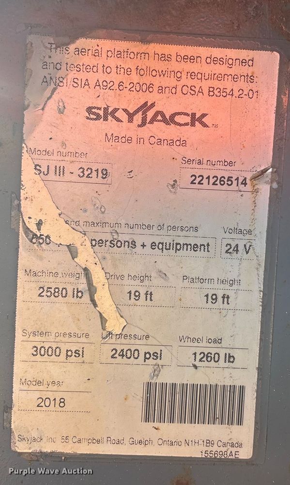 image for item FG1620 2018 Skyjack SJIII 3219 scissor lift