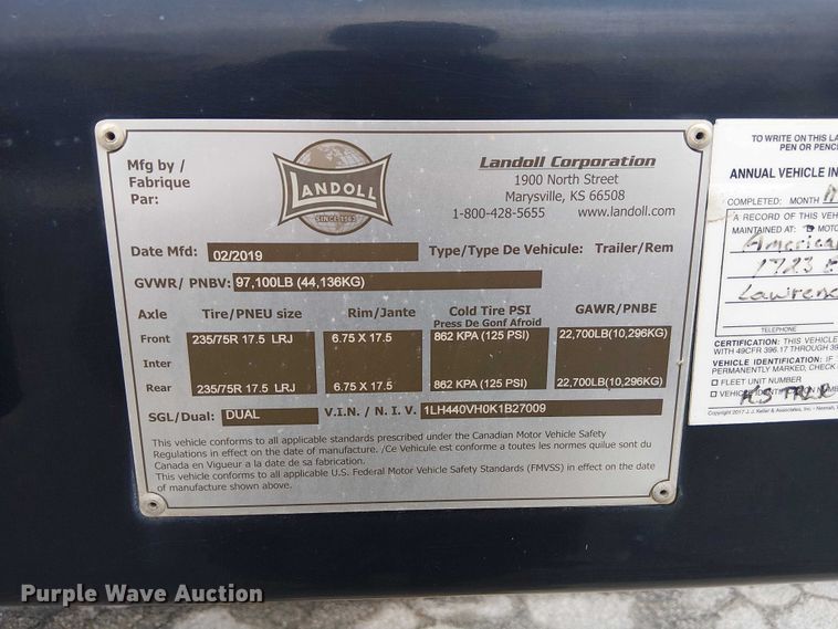 image for item FK0736 2019 Landoll 440B drop tilt deck equipment trailer