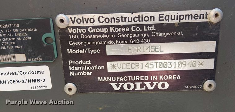 image for item FK0749 2017 Volvo ECR145EL mini excavator